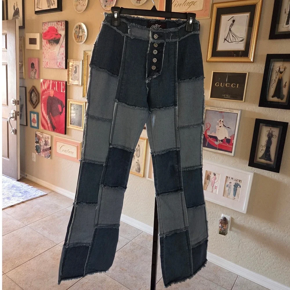 Lazer Jeans Patchwork Wide Leg Denim Pants Blue‎ Y2K Frayed Raw Hem Size 11